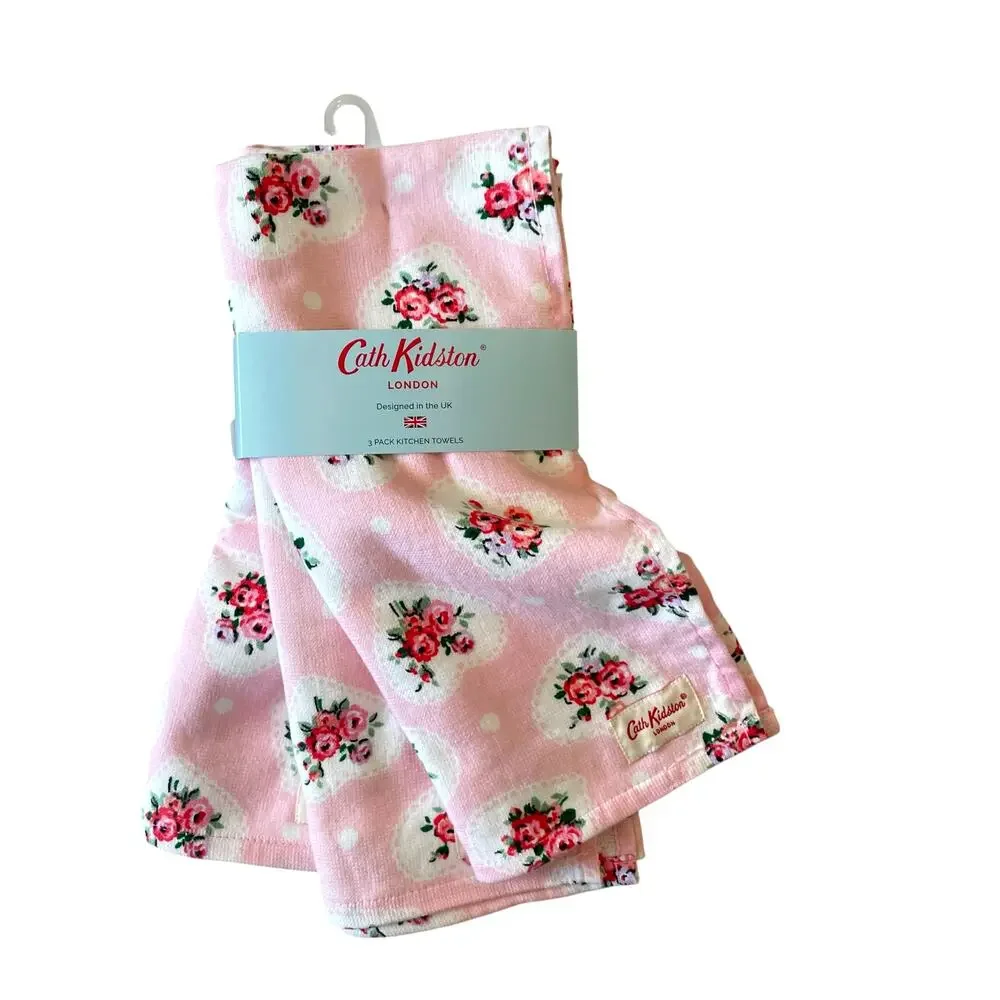 Cath Kidston Cotton Kitchen Towels 3pc Pink Flowers Lace Hearts New